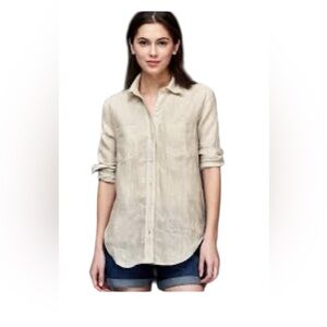 VTG Talbots Oatmeal Boyfriend Camp Button Down Irish Linen Relaxed Shirt SZ 2P